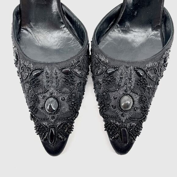 Manolo Blahnik Retro Black Satin Ornate Beaded Pointed Toe Slingback Heel IT 40 - Picture 7 of 13